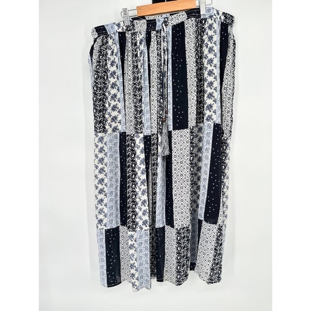 Gypsie Blu Patchwork Blue Maxi Skirt Size XL Hippie Festival Boho Beaded Tassel